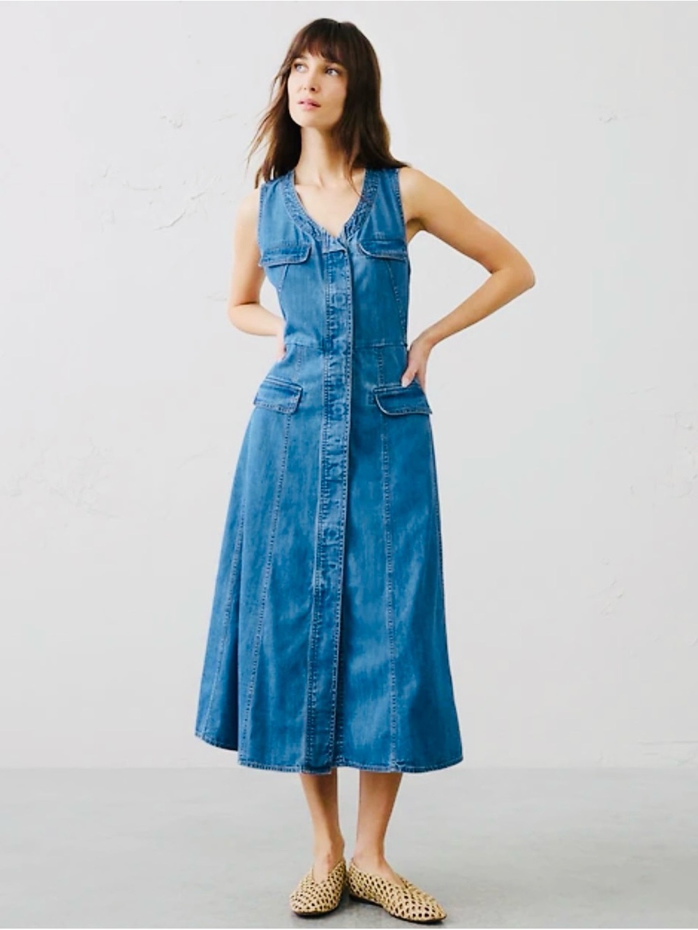 Banana Republic Denim Button-Front Midi Dress in Blue
